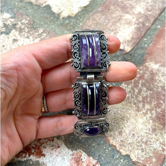 Estate Vintage Amethyest Stone Sterling Silver Bracelet INCREDIBLE Mexico DF - Picture 1 of 6